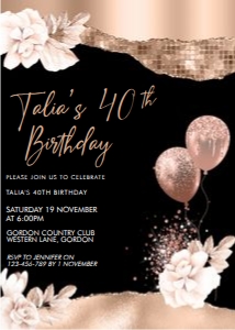 Rosegold Glitter Cream Flowers Invitation design preview
