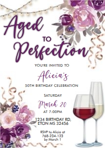 Aged to Perfection Wine White Background Purple Birthday Invitation design preview