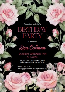 Pink Roses Black Birthday Invitation design preview