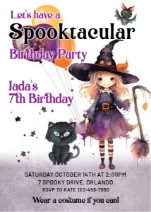Halloween Cute Purple Witch Cat Birthday Invitation: Halloween Cute Purple Witch Cat Birthday Invitation