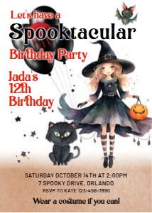 Halloween Cute Black Witch Cat Birthday Invitation: Halloween Cute Black Witch Cat Birthday Invitation