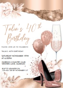 Rosegold Glitter Shoes Balloons White Invitation design preview