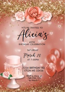 Coral Orange Peach Gold Birthday Cake Invitation design preview