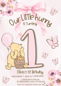 Winnie the Pooh Birthday Invitation PINK design preview