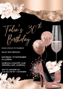 Rosegold glitter 30th birthday womens editable digital invitation design preview