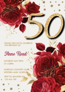 Fifty Red Gold Glitter Number Invitation design preview