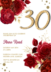 Red Floral 30th Birthday Invitation, Glam Rose Party Invite design preview