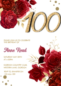 Red Floral Gold Glitter 100th Birthday Invitation, Glam Rose Part design preview