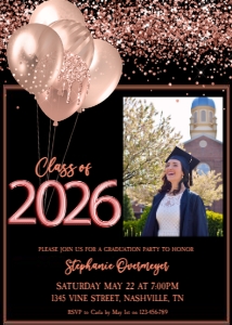 Class of 2026 Graduation Invitation, Black Rose Gold Grad Party design preview