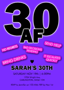 30 AF Purple Invitation: 30AF Invitation Template  Funny Dirty 30 Birthday Invite