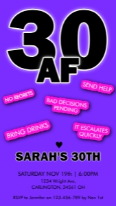 30 AF Purple Invitation Mobile: 30AF Invitation Template  Funny Dirty 30 Birthday Invite