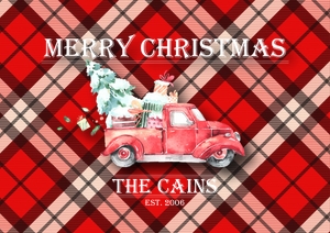 Benelux Plaid Christmas Truck Single-Sided Ornament: Christmas Red Truck Ornament Sublimation Template, Editable Plaid Family Name Date Benelux Ornament Design, Red Christmas Truck with Tree