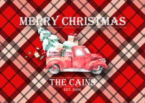 Christmas Red Truck Ornament Sublimation Template, Editable Plaid Family Name Date Benelux Ornament Design, Red Christmas Truck with Tree design preview