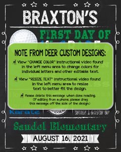 Back to School Sign Editable Template | Golf First Day of Kindergarten Printable Chalkboard Poster | Corjl Instant Download Template design preview
