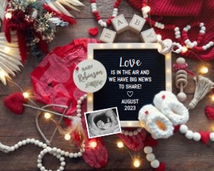 Boho-Valentines-Red-Pyjama-Hearts-Baby-Announcement: Boho-Valentines-Red-Pyjama-Hearts-Baby-Announcement