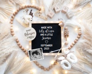 Boho-Heart-Wood-Beads-Love-Science-Pregnancy-Announcement: Boho-Heart-Wood-Beads-Love-Science-Pregnancy-Announcement