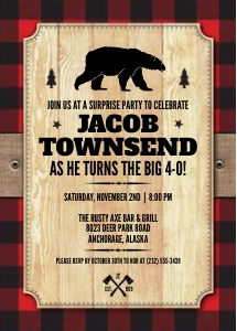 Rustic Wood and Buffalo Plaid Lumberjack Party Invitation design preview