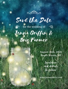 Rustic Meadow Summer Night Mason Jar and Fireflies A2 Save the Date Announcement design preview