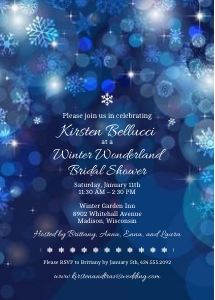Snowflake Blue Bokeh Winter Bridal Wedding Shower Invitation design preview