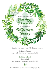 Watercolor Greenery Wreath First Holy Communion Invitation design preview