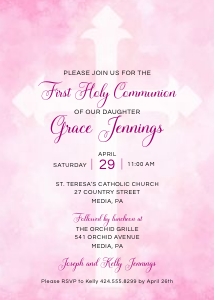 Pink Watercolor Wash Cross First Holy Communion Invitation design preview