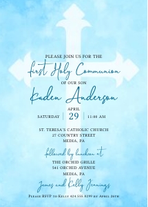 Blue Watercolor Wash Cross First Holy Communion Invitation design preview