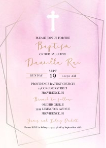 Pink Watercolor Geometric Frame Baptism Christening Invitation: Pink Watercolor Geometric Frame Baptism Christening Invitation