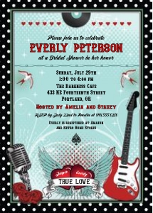Rockabilly Music Polka Dot Vertical Bridal Shower Invitation design preview