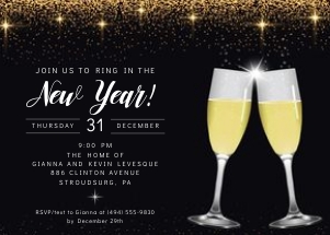 Champagne Glasses and Gold Confetti New Years Eve Party Invitation: Champagne Toast Glitter New Year's Eve Party Invitation