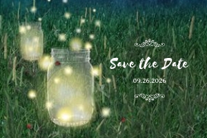 Rustic Meadow Summer Night Mason Jar and Fireflies Wedding Save the Date Postcard design preview