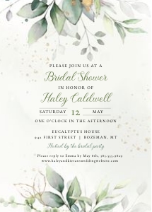 Eucalyptus and Gold Splatter Bridal Shower Invitation design preview