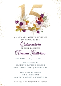 Floral and Gold Quinceanera Party Invitation: Floral and Gold Quinceanera Party Invitation