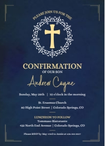 Blue Wreath and Cross Confirmation Invitation: Blue Cross Confirmation Invitation,  Printed or Corjl Template