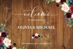 Burgundy Marsala Blush Pink Floral Rustic Wood Barn Calligraphy Wedding Welcome Horizontal Sign Template design preview