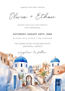 santorini watercolor painting wedding invitation template design preview