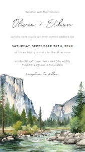 Yosemite National Park Watercolor Painting Wedding Electronic Invitation: Yosemite National Park Watercolor Painting Wedding Invitation Template