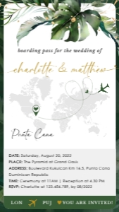 Palma | Tropical Boarding Pass Wedding Invitation Digital: palma-evite-10-08 | Digital Boarding Pass Wedding Invitation