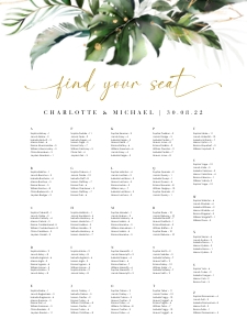 Palma| Alphabetic Seating Chart 18 x 24 ": Palma | Tropical Wedding Seating Chart