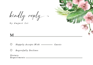 palma-stat-10-32 | Tropical RSVP card with orchid - 5x3,5: palma-stat-10-32-set | Tropical wedding invitation with orchid set