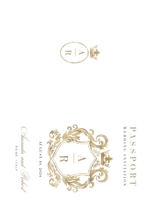 sofia-stat-16-41 | 5 x 3.5" Passport Wedding Invitation with Crest: sofia-stat-16-41 | GOLD passport wedding invitation suite