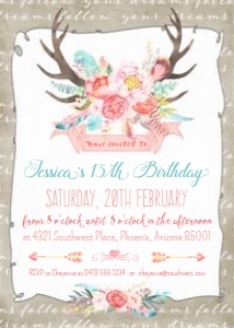 Antlers Boho Dreams Invitation TheSassabyPartyCo 5x7: Antlers Boho Dreams Invitation Alouette Digital 5x7