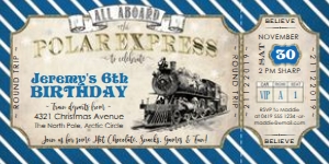 Polar Express BLUE/GOLD Ticket Invitation TheSassabyPartyCo 4"X8" design preview