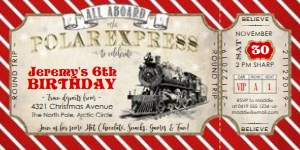 Polar Express RED/GOLD Ticket Invitation TheSassabyPartyCo 4"x8" design preview