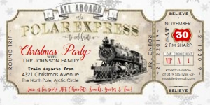 Polar Express WHITE/GOLD Ticket Invitation TheSassabyPartyCo 4"x8" design preview