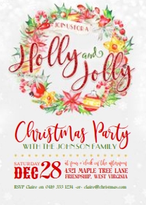 Christmas Holly Jolly Wreath White Invitation TheSassabyPartyCo 5x7: Christmas Holly Jolly Wreath White Invitation Alouette Digital 5x7