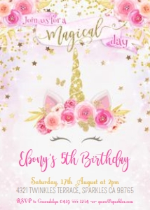 Unicorn PinkGold Invitation PG2 TheSassabyPartyCo 5x7 design preview