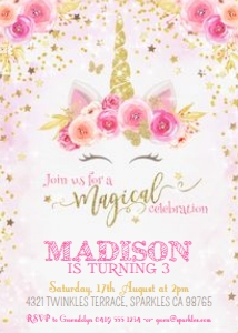 Unicorn PinkGold Invitation PG1 TheSassabyPartyCo 5x7 design preview