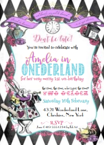 Alice in Onederland Your Name 1st Birthday Invitation BW: Alice in Onederland Your Name 1st Birthday Invitation BW