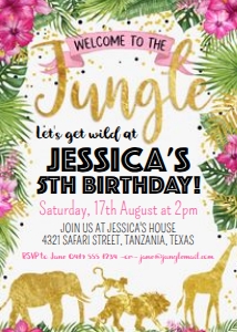 Jungle Safari Girls Invitation Gold TheSassabyPartyCo 5x7: Jungle Safari Girls Invitation Gold TheSassabyPartyCo 5x7