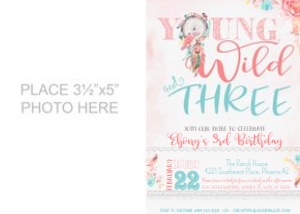 Young Wild Three Boho 3rd Birthday Photo Invitation WH 5x7 design preview